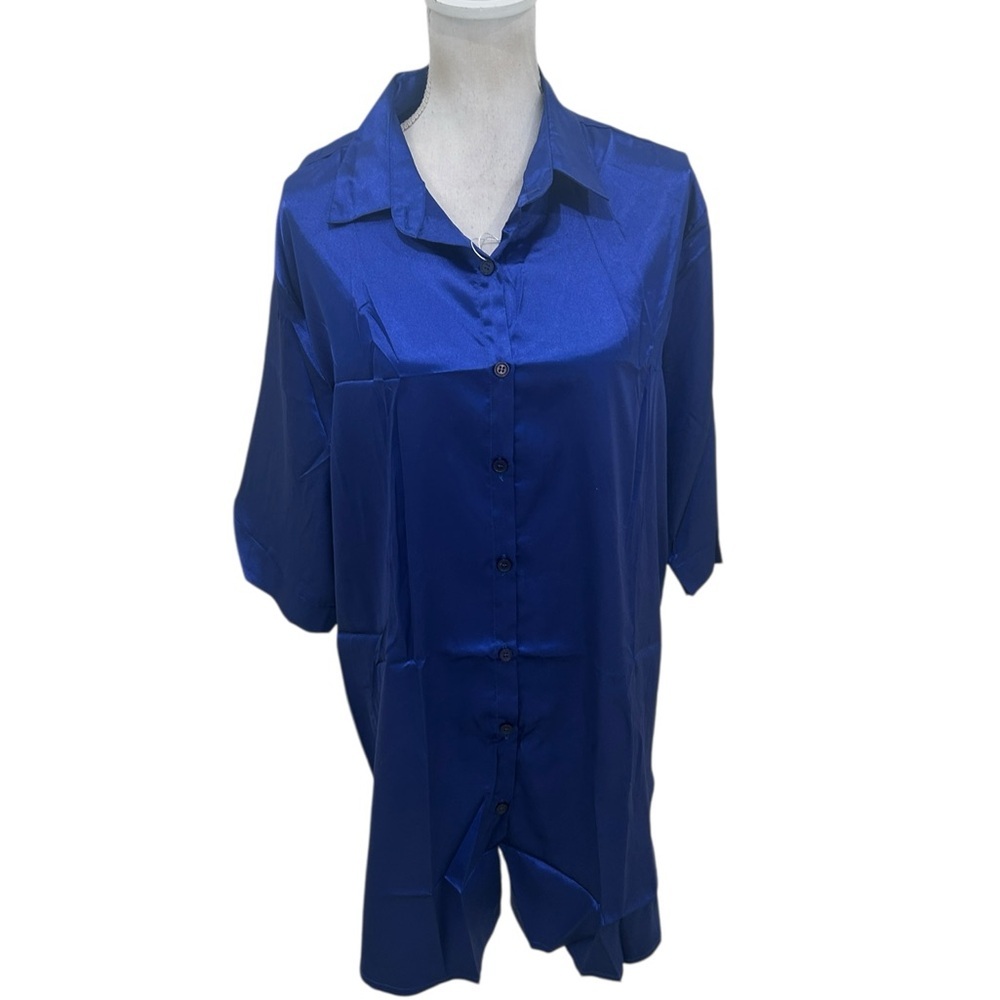 NWT Anjue Blue satin button down sleepshirt Pajama Top nightgown size xl